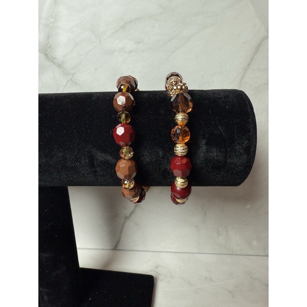set of 2 red brown, gold and amber tones beaded bracelets handmade‎